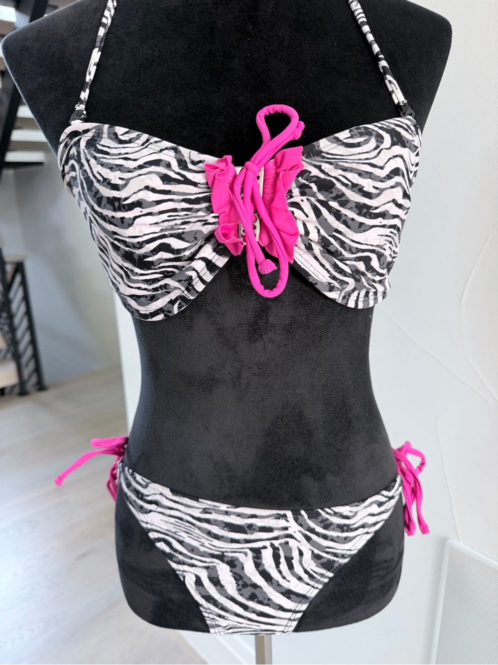 Zebra Print Two-Piece Swimsuit with Pink Accents 34B